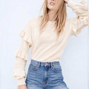 J. Crew Cream Ruffle Sleeve Wool Blend Sweater